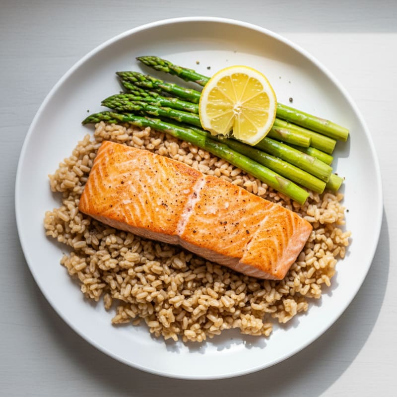 Seared Salmon with Steamed Asparagus and Brown Rice