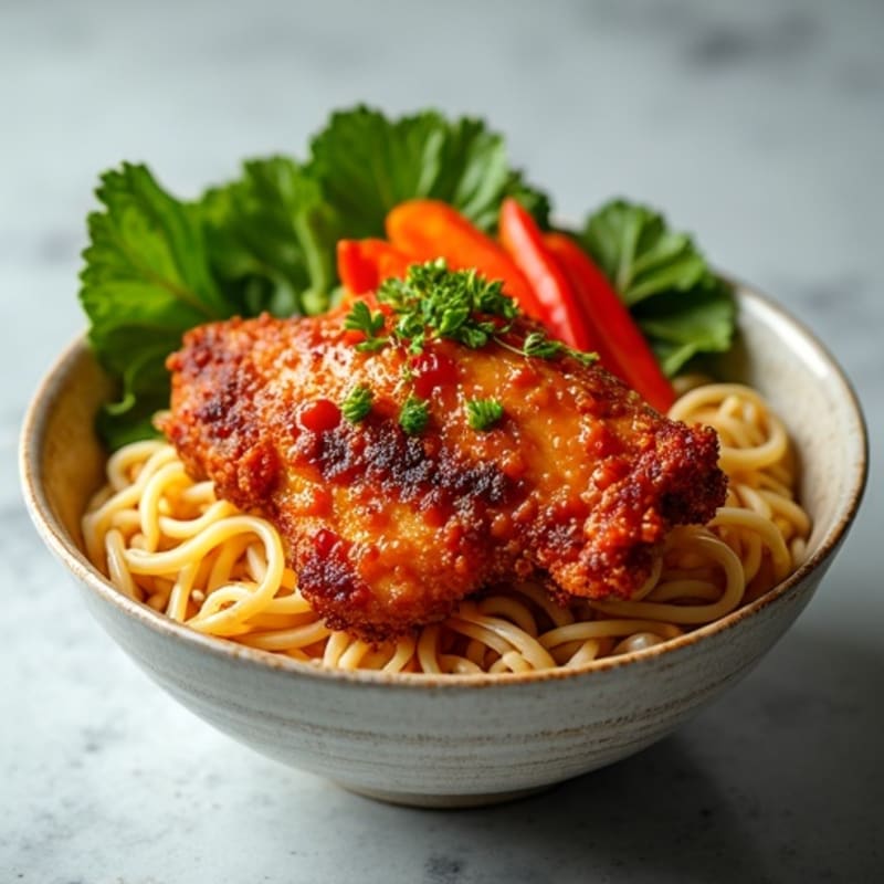 Crispy Sriracha Chicken with Fresh Vegetable Ramen