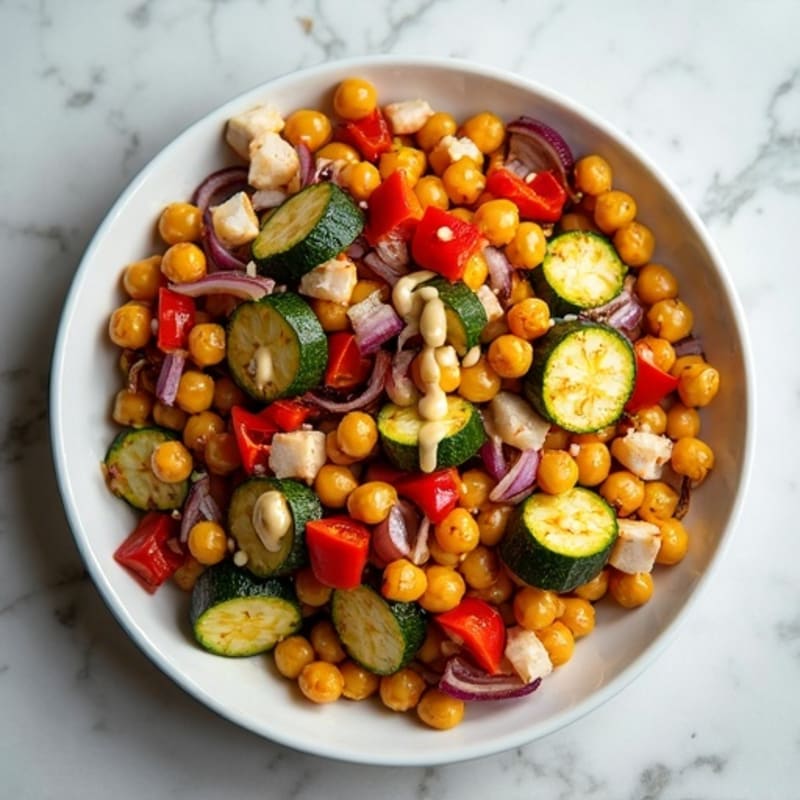 Crispy Sheet Pan Roasted Vegetables and Chickpeas with Lemon-Tahini Drizzle