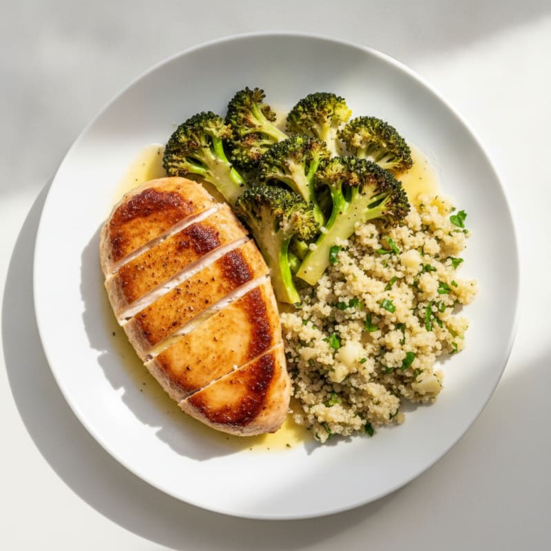 Seared Turkey Breast with Roasted Broccoli and Garlic Quinoa