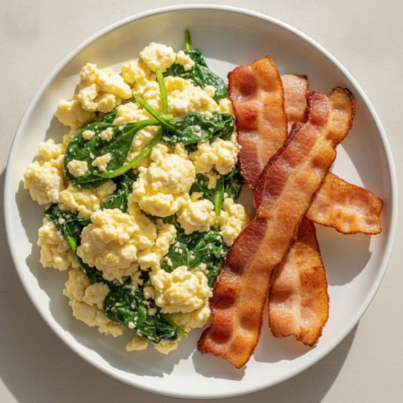 Cottage Cheese Egg Scramble with Sautéed Spinach and Turkey Bacon