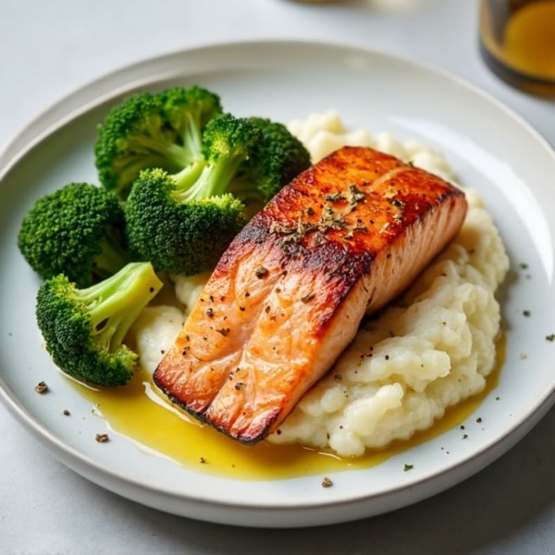 Seared Salmon with Steamed Broccoli and Cauliflower Mash