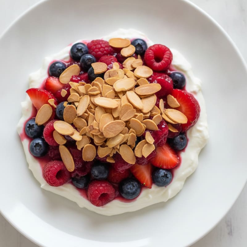 Protein Greek Yogurt Parfait with Mixed Berries and Almonds