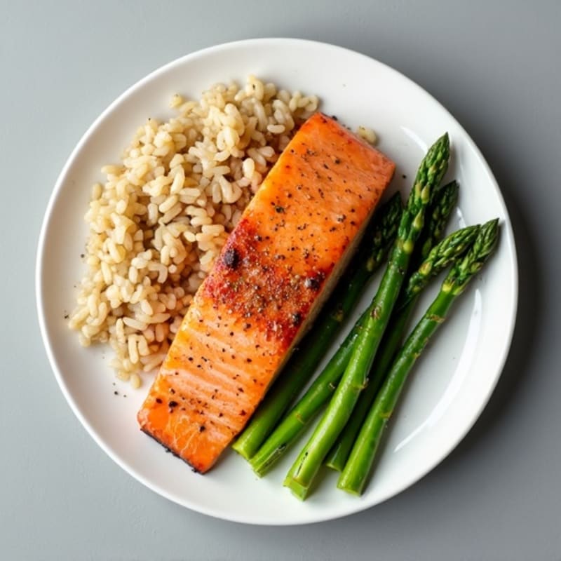 Seared Salmon with Steamed Asparagus and Brown Rice