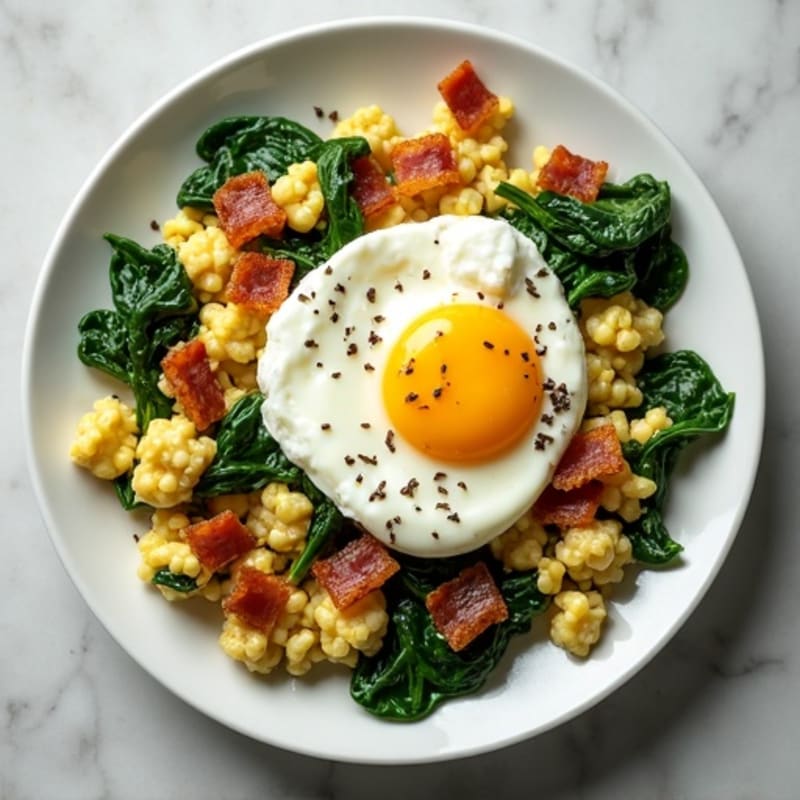Egg White Spinach Scramble with Cottage Cheese and Turkey Bacon