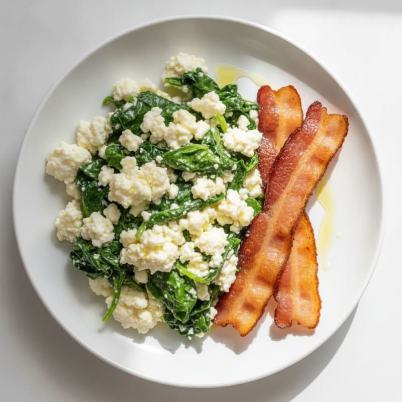 Cottage Cheese Egg White Scramble with Spinach and Turkey Bacon
