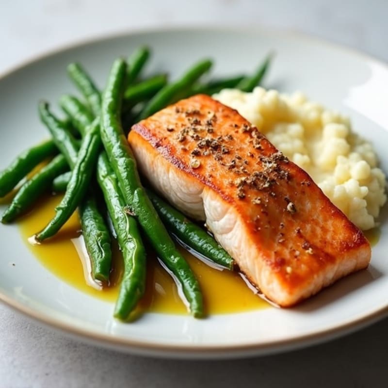 Seared Salmon with Steamed Green Beans and Cauliflower Mash