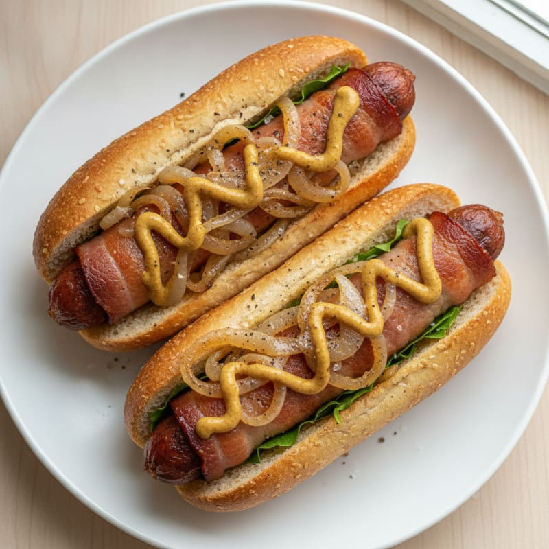 Bacon-Wrapped Hot Dogs with Caramelized Onions