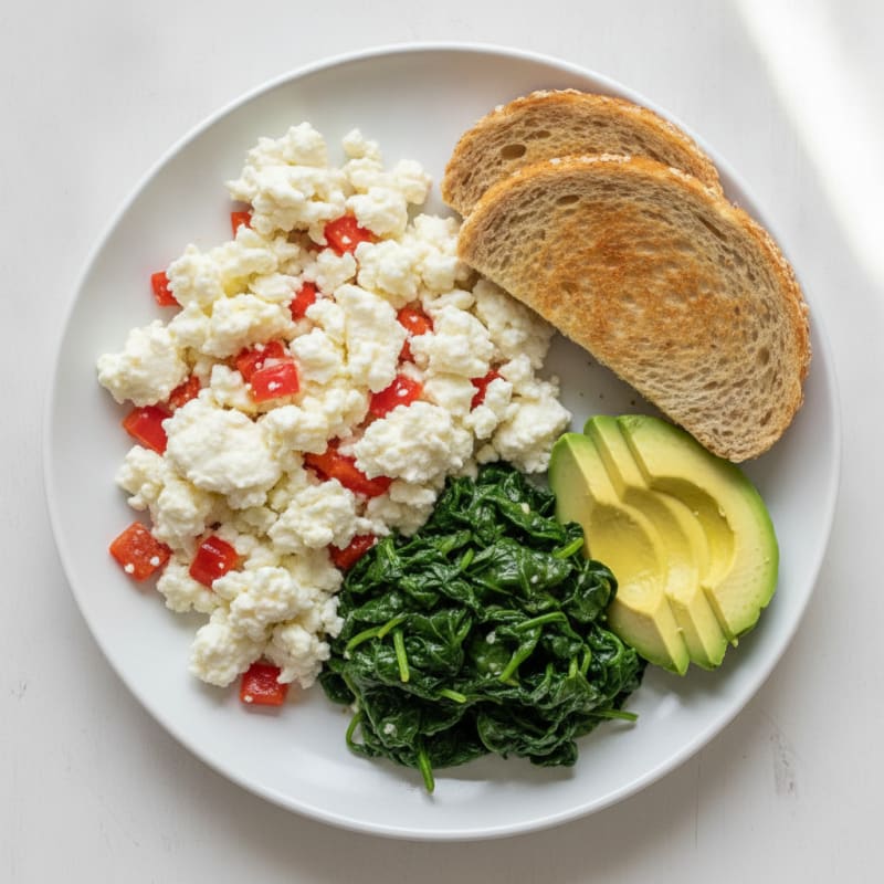 Egg White Veggie Scramble with Cottage Cheese and Sautéed Spinach