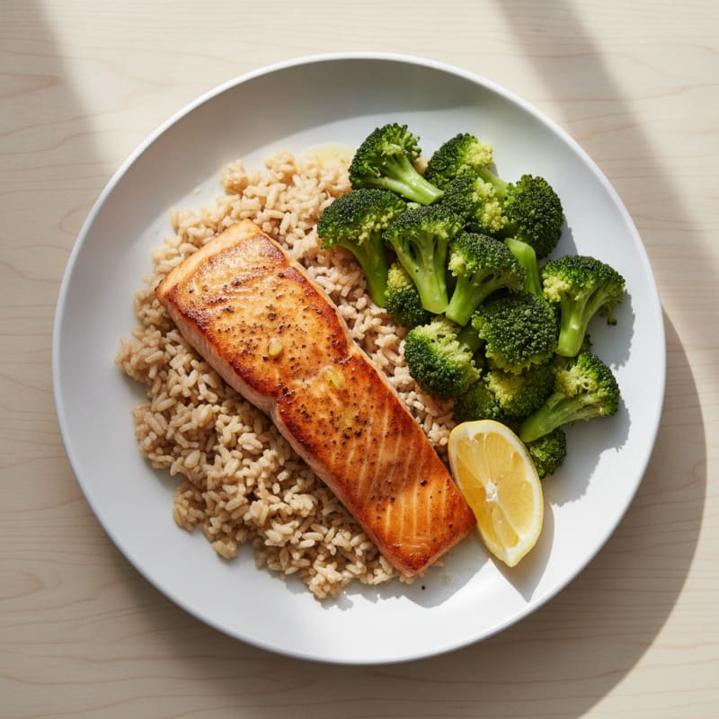 Seared Salmon with Steamed Broccoli and Brown Rice