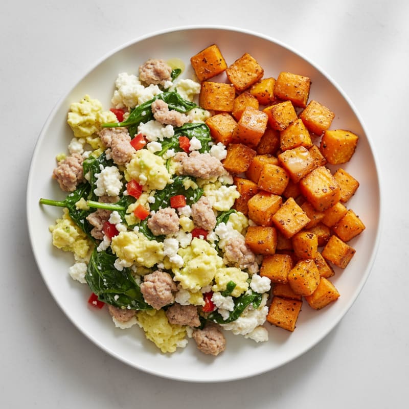 Egg White and Turkey Sausage Scramble with Cottage Cheese and Roasted Sweet Potatoes