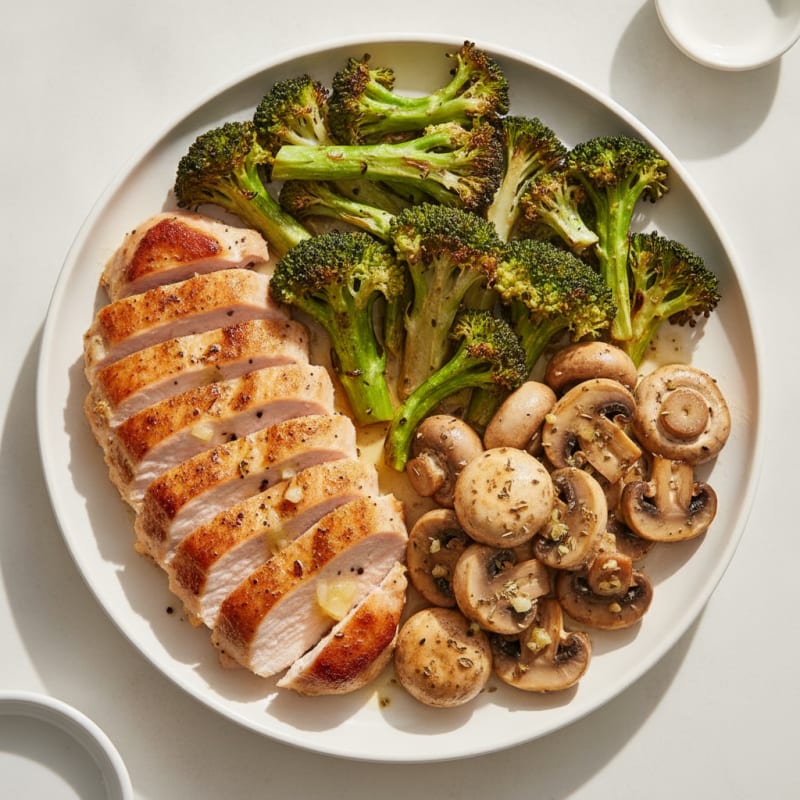 Seared Turkey Breast with Roasted Broccoli and Garlic Mushrooms