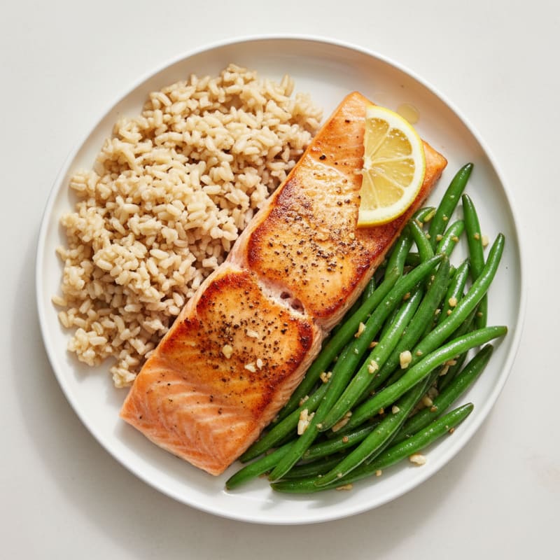 Seared Salmon with Garlic Green Beans and Brown Rice