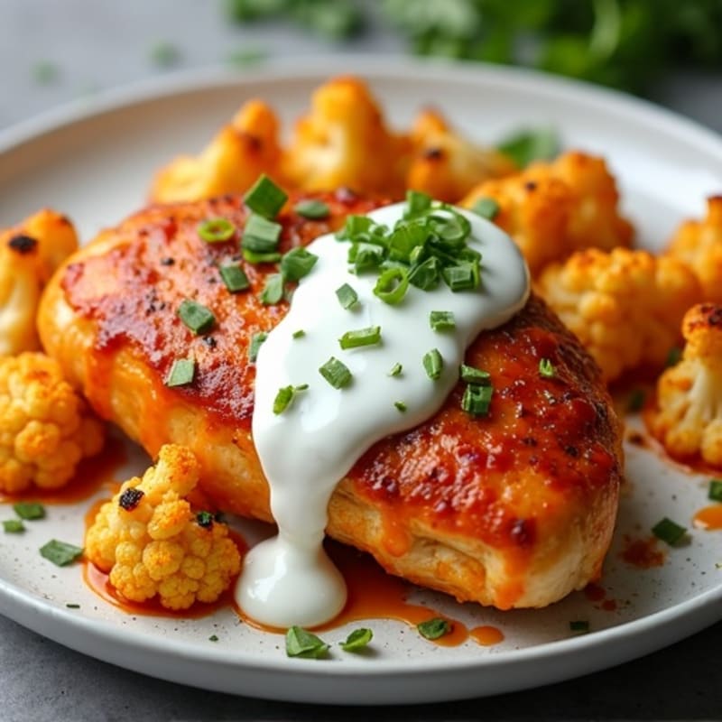 Sheet Pan Creamy Buffalo Chicken with Roasted Cauliflower