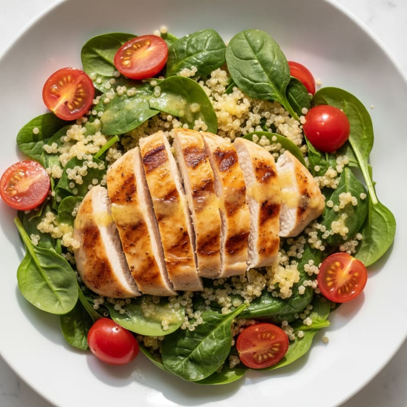 Grilled Chicken and Quinoa Salad with Spinach and Cherry Tomatoes