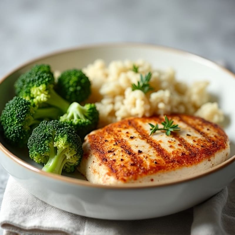 Seared Turkey Breast with Steamed Broccoli and Cauliflower Rice