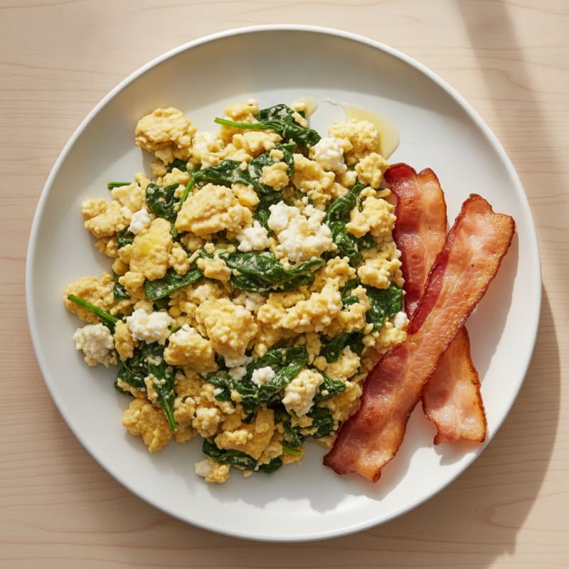 Cottage Cheese Scramble with Turkey Bacon and Spinach