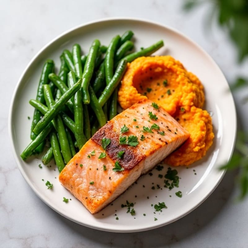 Seared Salmon Fillet with Garlic Green Beans and Sweet Potato Mash