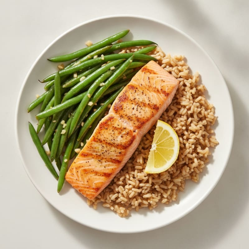 Seared Salmon with Garlic Green Beans and Brown Rice