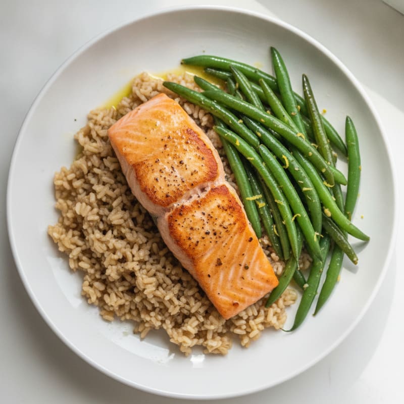 Seared Salmon with Lemon Herb Green Beans and Brown Rice