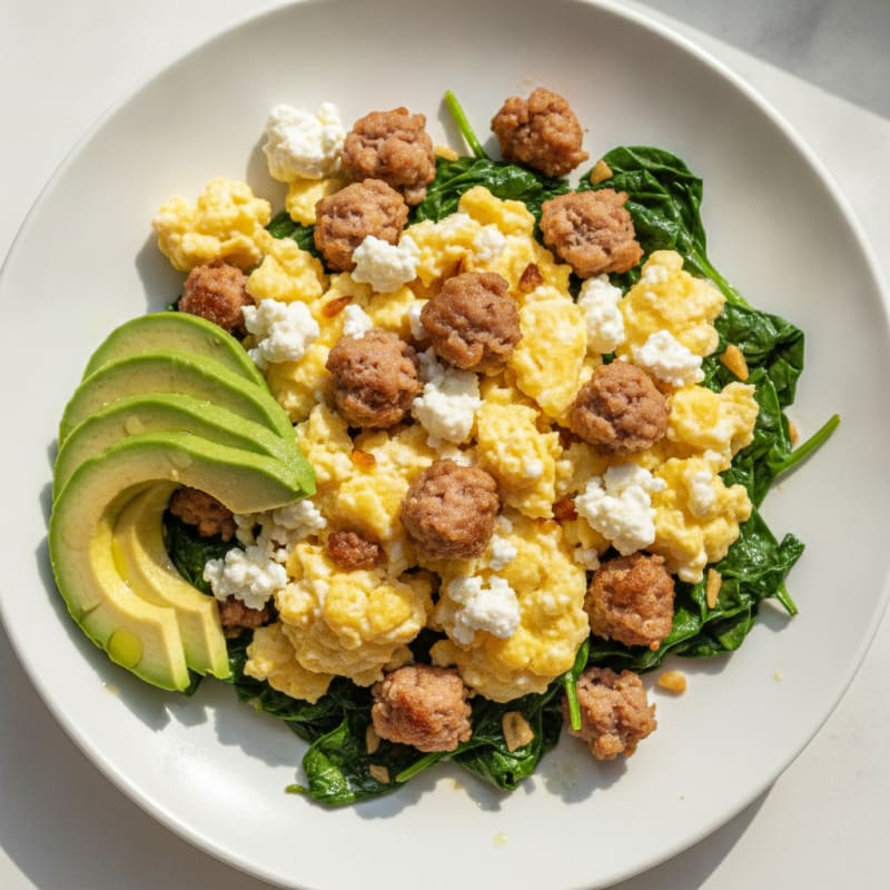 Cottage Cheese Scramble with Turkey Sausage and Sautéed Spinach