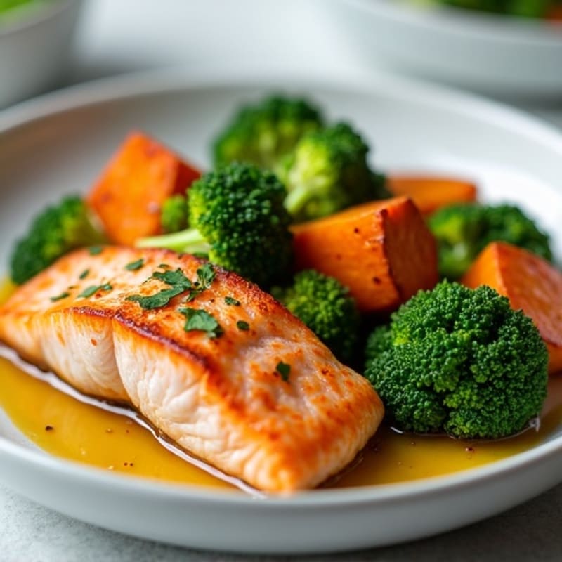 Seared Salmon with Steamed Broccoli and Roasted Sweet Potatoes