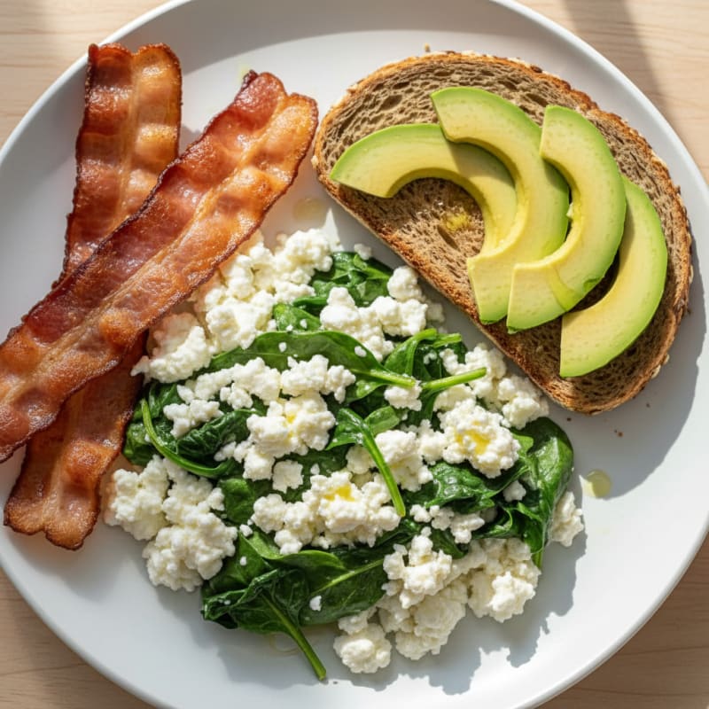 Cottage Cheese and Egg White Scramble with Spinach and Turkey Bacon