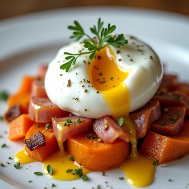 Creamy Tangy Poached Eggs with Sweet Potato Hash and Lean Ham