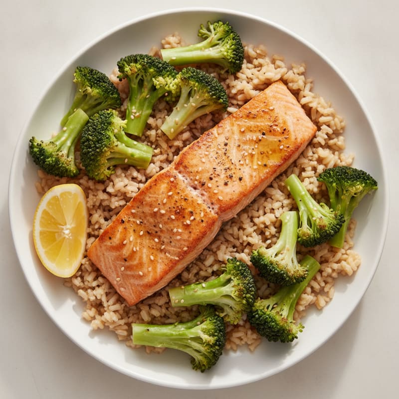 Seared Salmon with Steamed Broccoli and Brown Rice