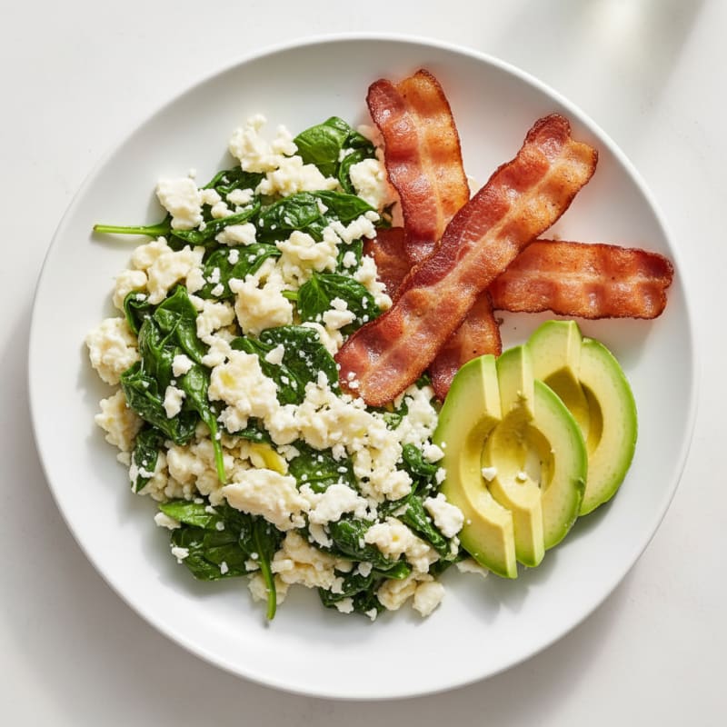 Crispy Turkey Bacon Egg White Scramble with Spinach and Feta