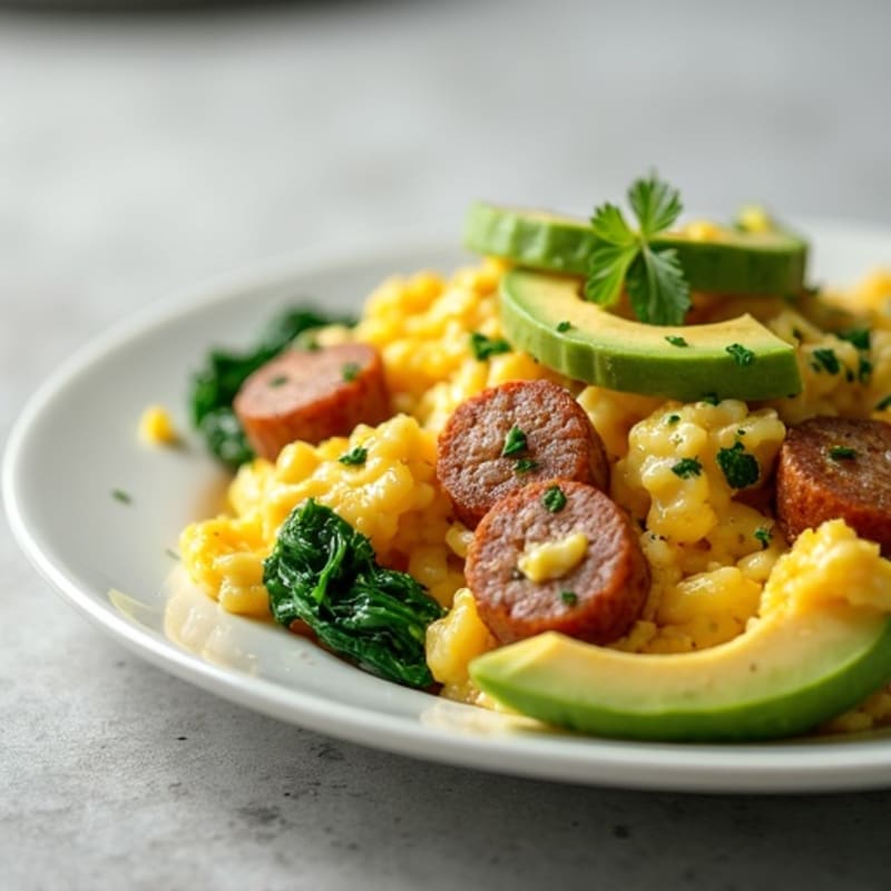 Egg White Scramble with Turkey Sausage and Sautéed Spinach