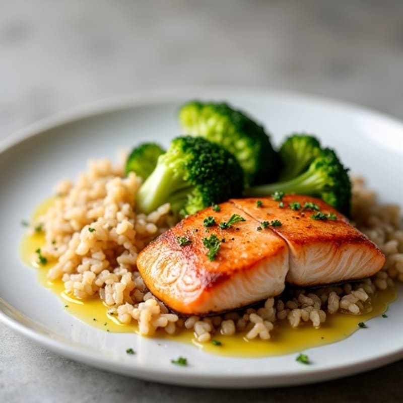 Seared Salmon with Steamed Broccoli and Brown Rice