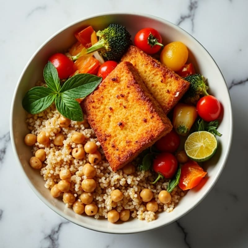 Crispy Tofu and Quinoa Power Bowl with Roasted Vegetables