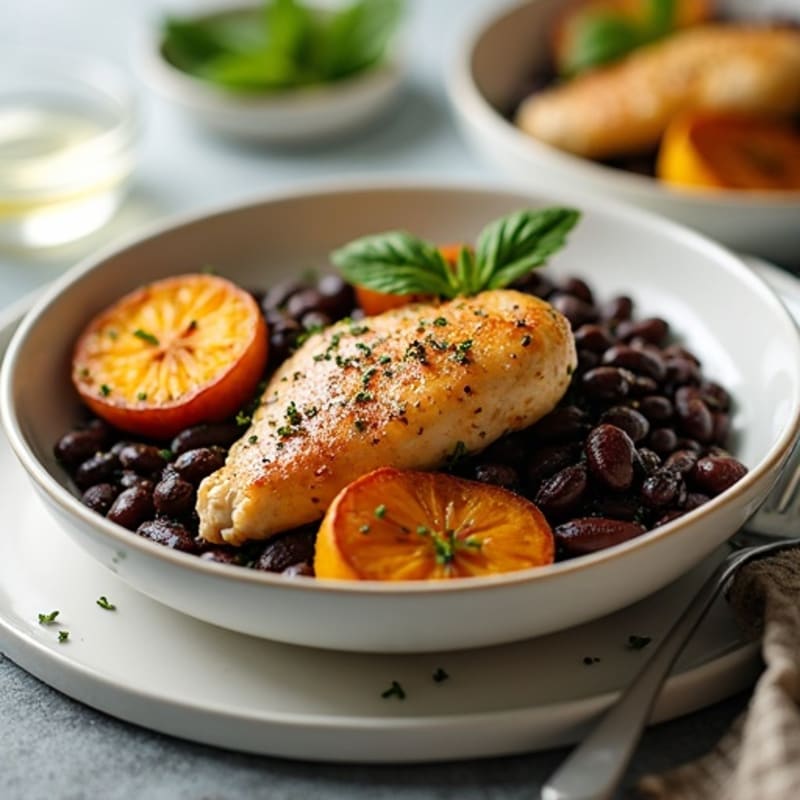 Lean Herb-Braised Chicken with Savory Black Beans and Roasted Plantains