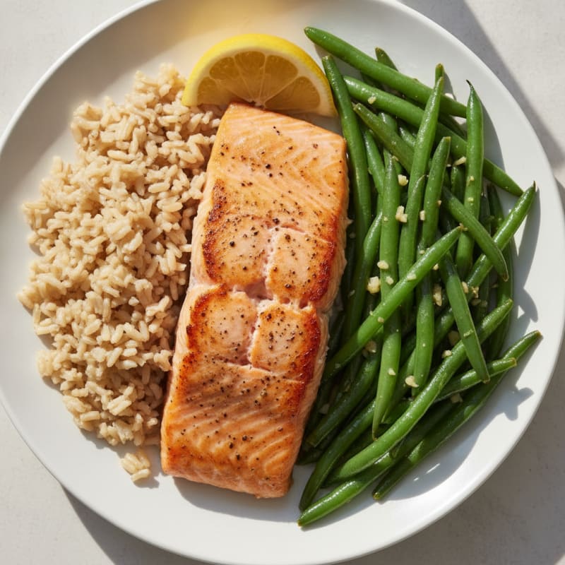 Seared Salmon Fillet with Garlic Green Beans and Brown Rice