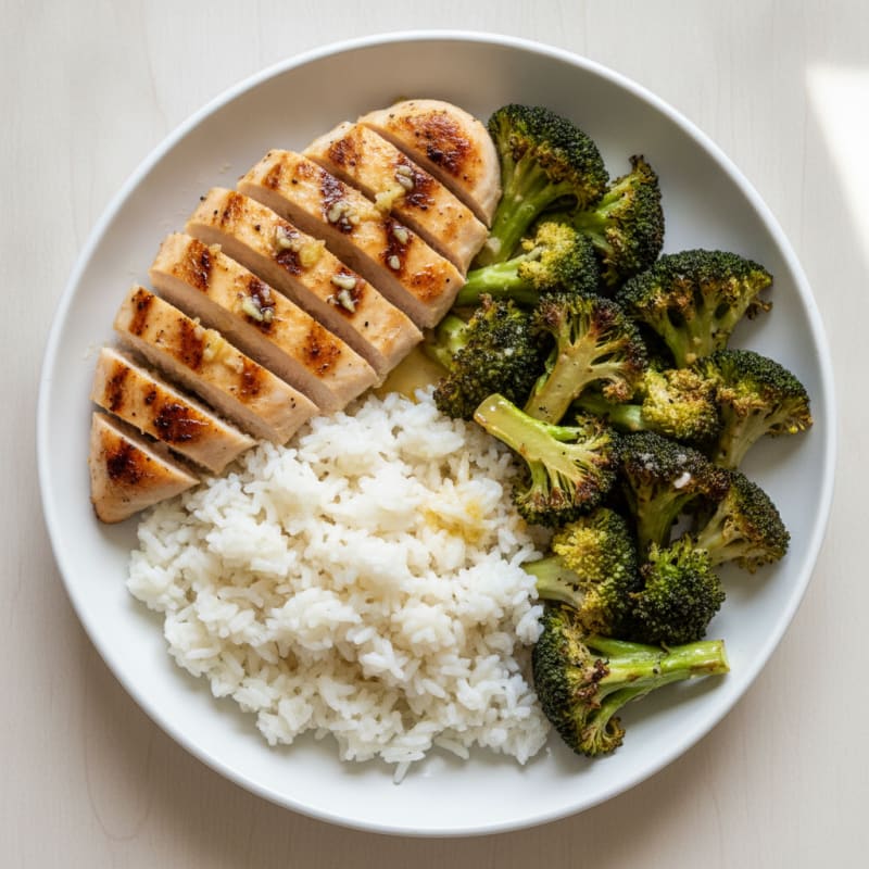 Grilled Chicken Breast with Steamed Rice and Roasted Broccoli