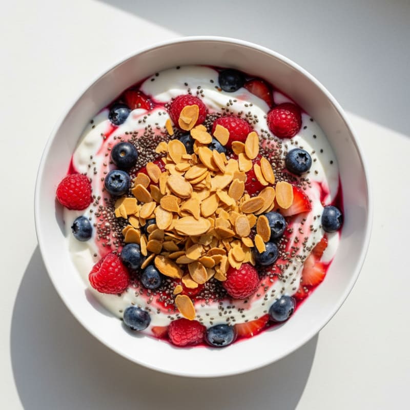 Greek Yogurt Protein Parfait with Mixed Berries and Chia Seeds