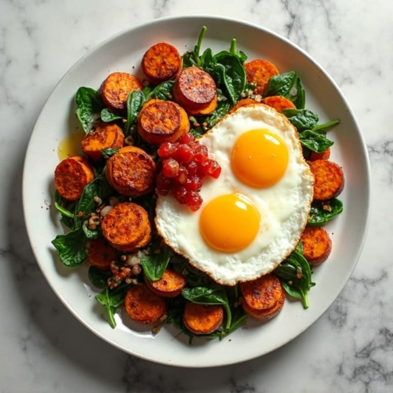 Crispy Sweet Potato and Egg Hash with Fresh Spinach