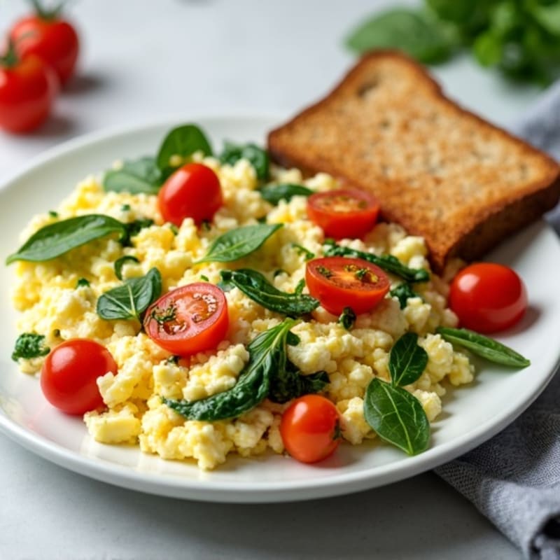 Cottage Cheese Egg White Scramble with Spinach and Cherry Tomatoes