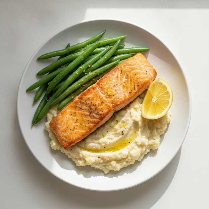 Seared Salmon with Steamed Green Beans and Cauliflower Mash