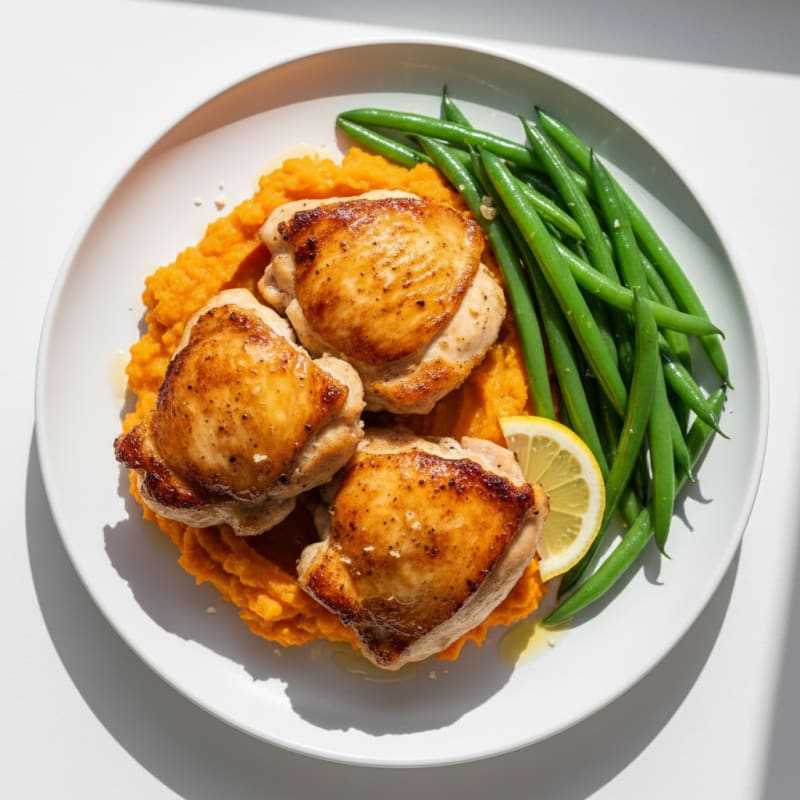 Seared Chicken Thighs with Steamed Green Beans and Sweet Potato Mash