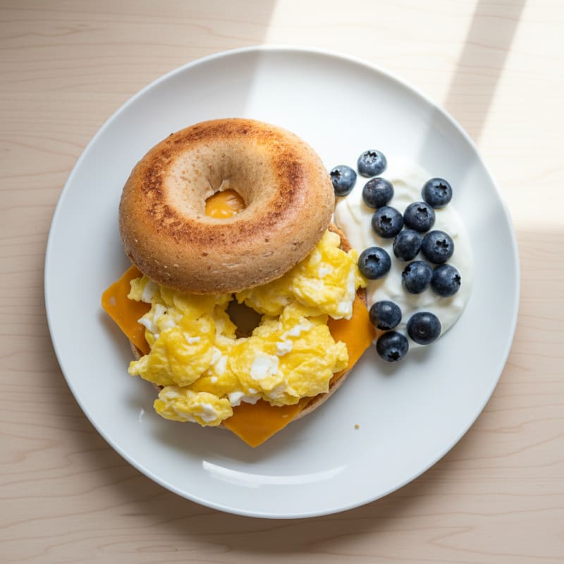 Egg and Cheese Bagel Sandwich with Greek Yogurt and Blueberries