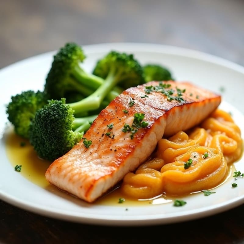 Seared Salmon with Steamed Broccoli and Garlic Mashed Sweet Potato