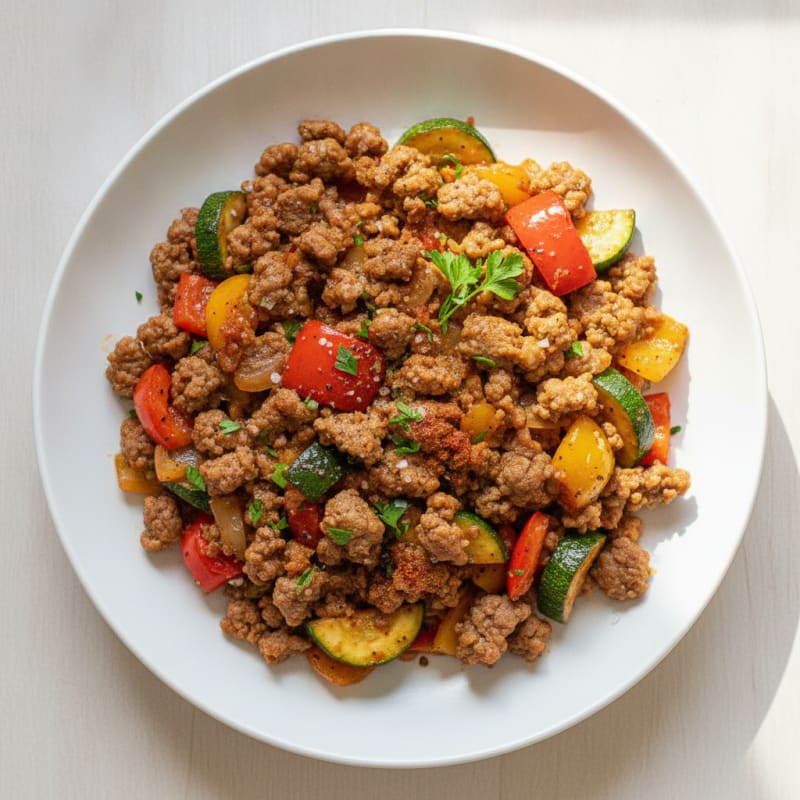 Savory Ground Beef and Rainbow Vegetable Skillet