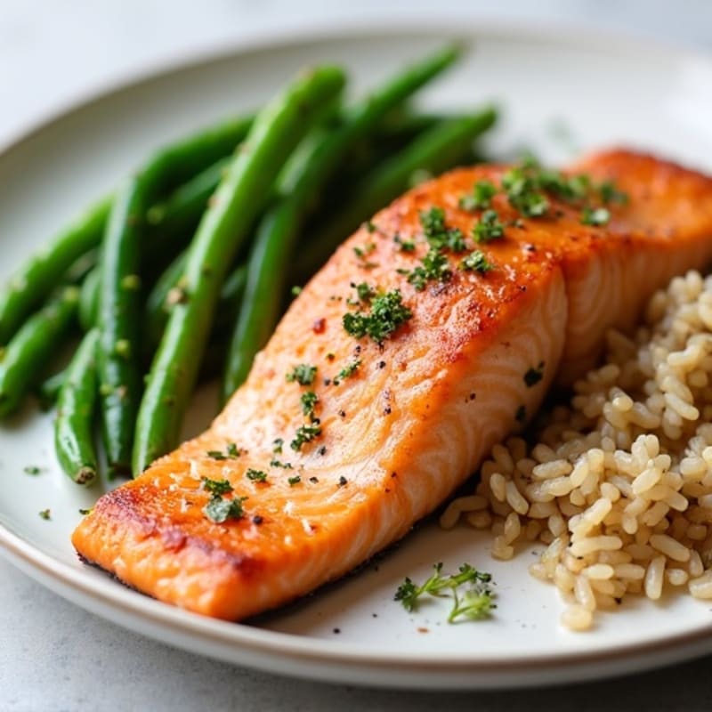 Seared Salmon with Garlic Green Beans and Brown Rice