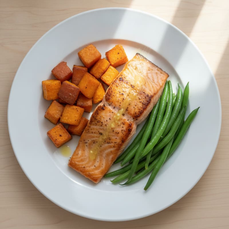 Seared Salmon Fillet with Roasted Sweet Potato and Green Beans