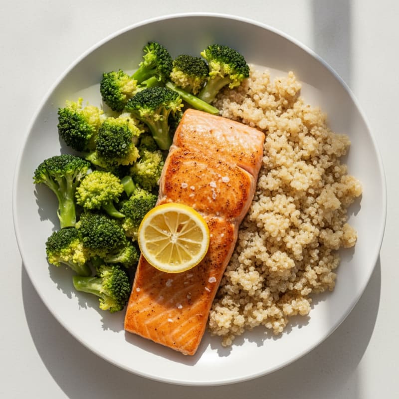 Seared Salmon with Steamed Broccoli and Quinoa