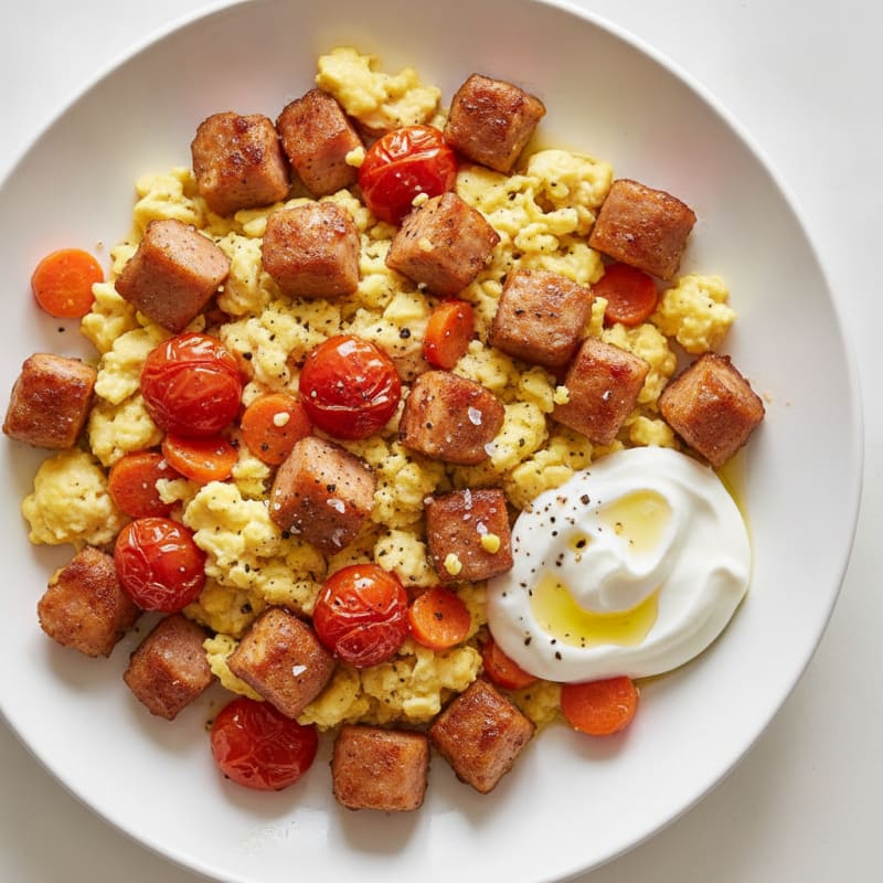 Chicken Sausage and Egg Scramble with Roasted Tomatoes