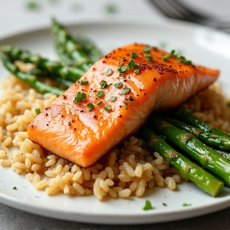 Seared Salmon with Steamed Asparagus and Brown Rice