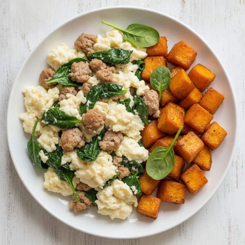 Egg White and Turkey Sausage Scramble with Spinach and Roasted Sweet Potatoes